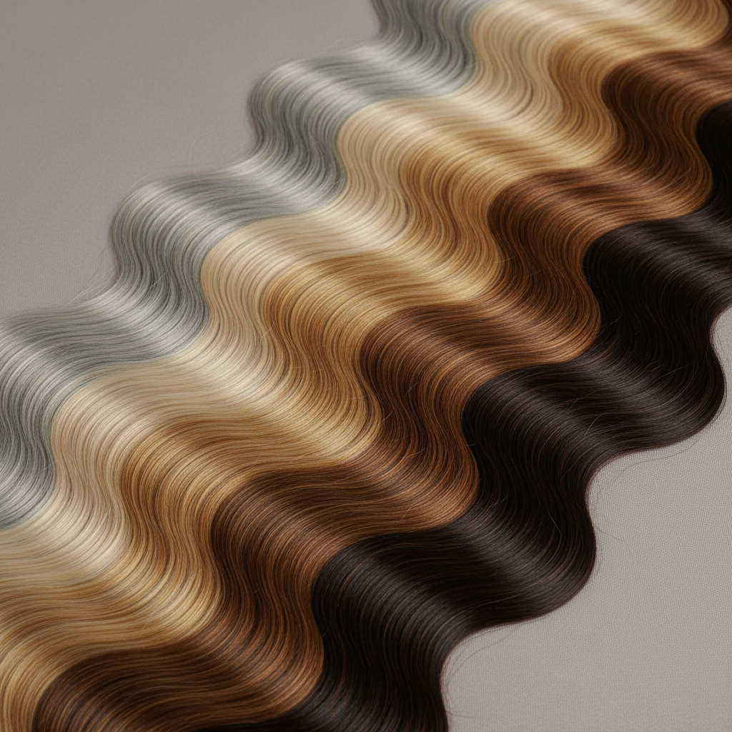 A close-up of premium hair extensions in varying natural shades, from cool ash blonde to deep espresso brown, laid out in gentle, parallel curves across a smooth, warm-gray fabric backdrop. Each strand appears silky and meticulously aligned, with delicate color transitions and subtle lowlights visible in the fibers. The fabric beneath has a fine, matte texture that softly contrasts with the sheen of the hair. Side lighting from a diffused, soft source creates tender highlights along the curves of the extensions and barely-there shadows between them, emphasizing depth and volume. Shot from directly above with shallow depth of field that keeps the central area crisp while edges fade into softness, the image feels luxurious, precise, and highly tactile, embodying a minimalist, photographic style with an elegant, muted ambiance.