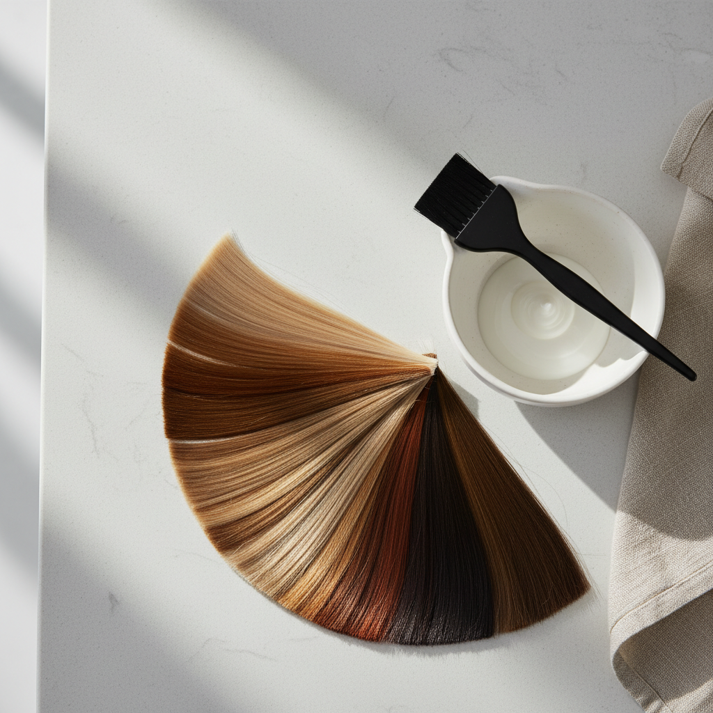 A top-down view of a carefully curated color consultation setup on a smooth, light stone countertop in a salon. A fan of professional hair color swatches in muted blondes, rich browns, and soft coppers arcs gracefully across the center, their silky fibers catching subtle light. Beside them, a matte-white porcelain mixing bowl, a sleek black tint brush, and a folded linen towel in soft beige create a balanced arrangement. Diffused natural light from an unseen window washes gently across the scene, producing soft gradients and delicate shadows that enhance each texture. The composition follows an asymmetrical balance, with negative space in one corner adding breathing room. The overall mood is calm, precise, and thoughtful, expressing expertise in color and a sophisticated, minimalist, photographic aesthetic.