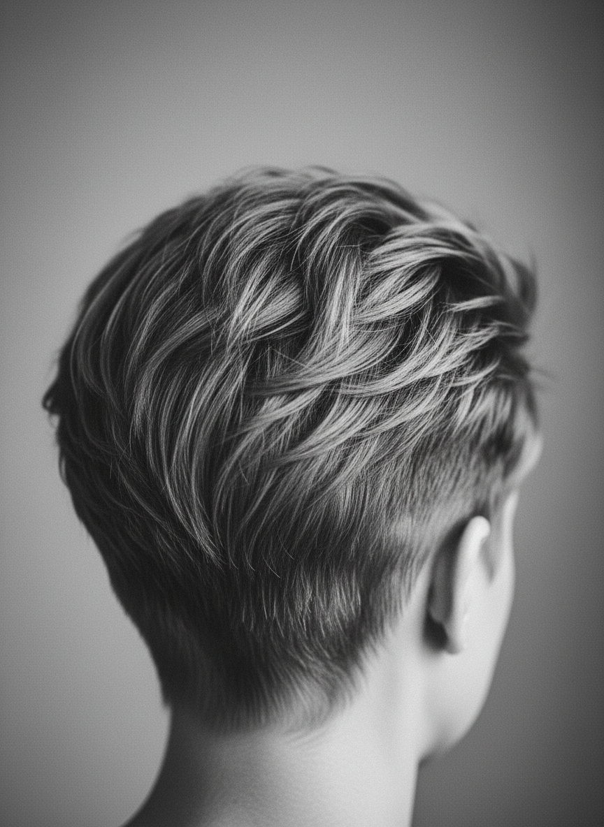 Schwarz-weiß Foto von einem modernen Kurzhaarschnitt, künstlerisch fotografiert, Fokus auf Haarschnitt und Struktur, neutraler Hintergrund