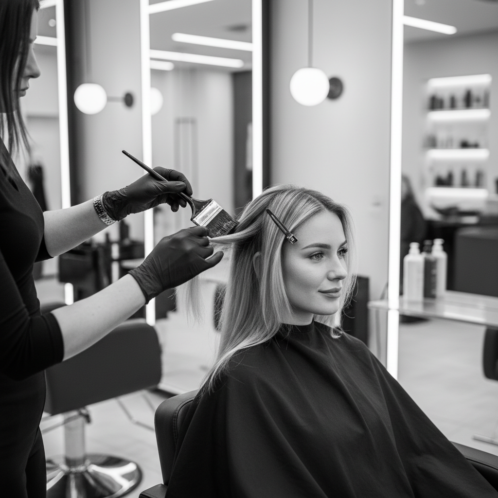 Schwarz-weiß-Foto von einer Person, der gerade professionell die Haare gefärbt werden. Moderner Salon, Hände mit Handschuhen, Pinsel berührt das Haar, elegante, hochwertige Atmosphäre.